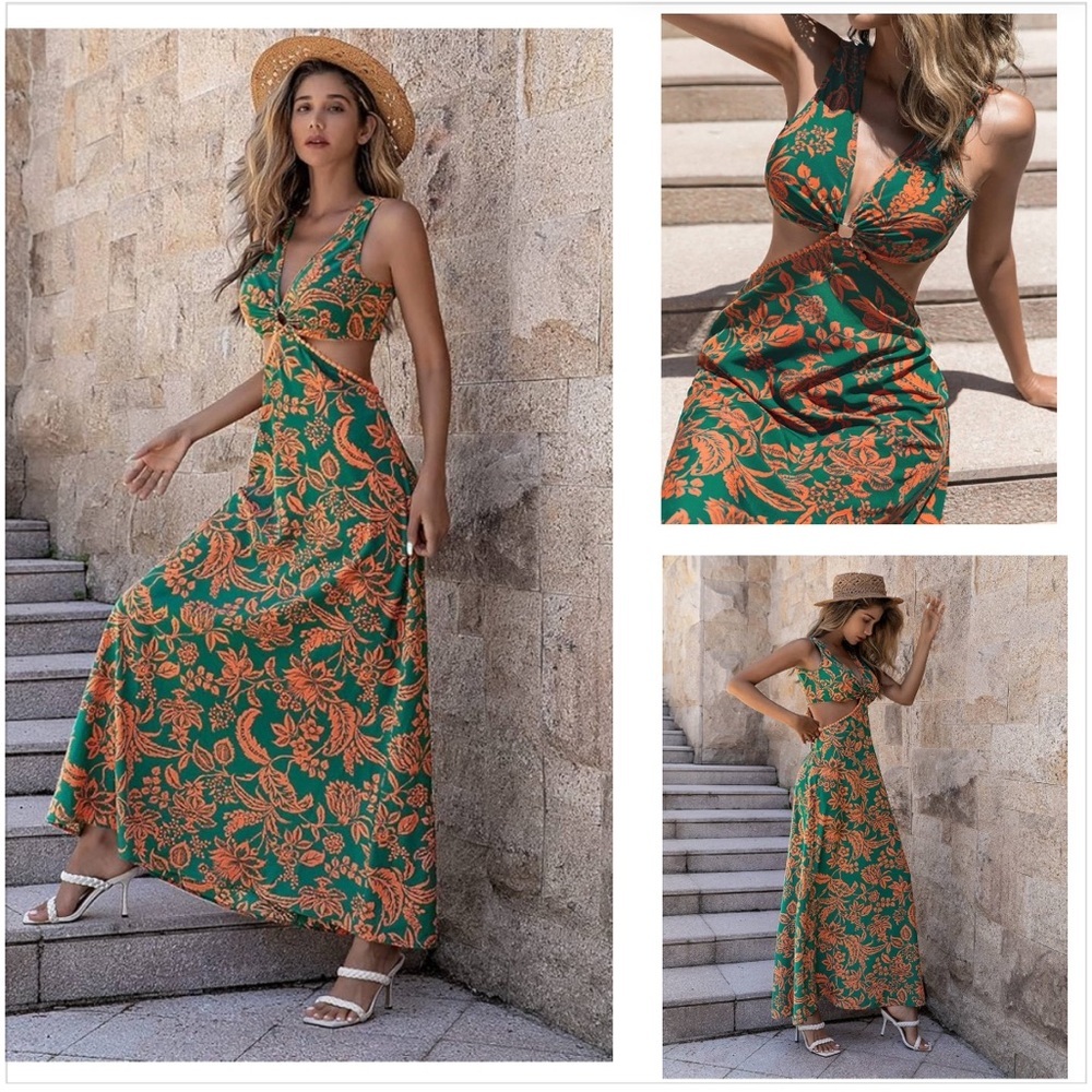 BOTURE Halter Floral Cutout Maxi Dress in Green and Orange. Size XS